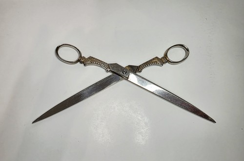 Antique Solid Steel Ornate Handle 9" Scissors Sewing Shears Silver + Gold Tones - Picture 7 of 7