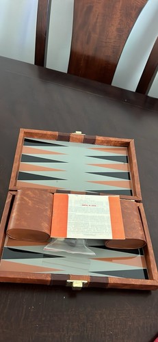Vintage Backgammon Set in Faux Leather Striped Case Brown Tan with Rules - Picture 4 of 6