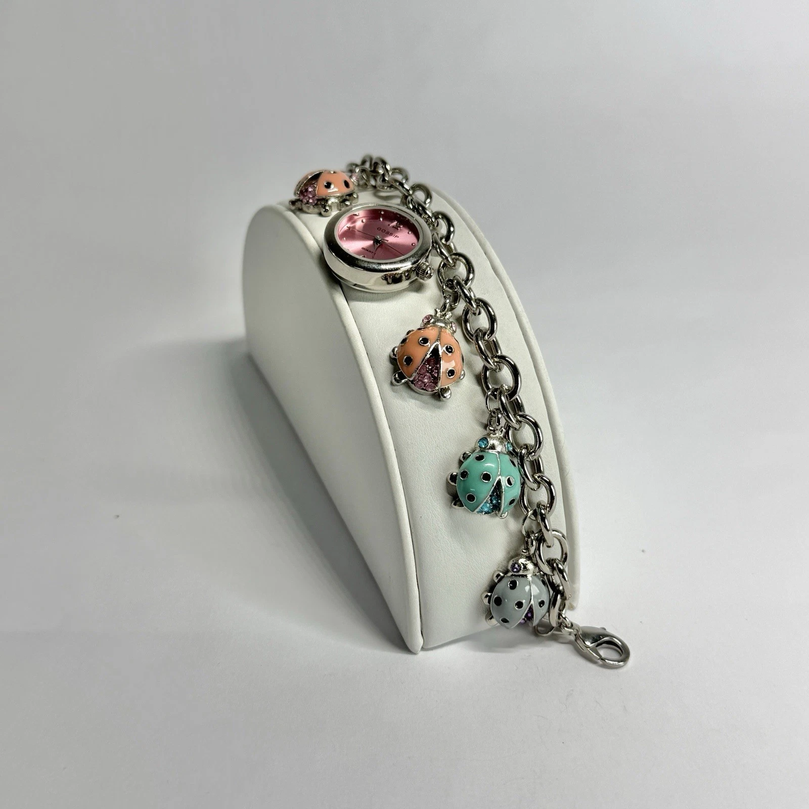 GOSSIP Watch Ladybug Charms Silver Tone Vintage Bracelet Jewelry Br295