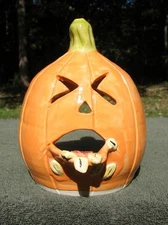 Halloween PUKING PUMPKIN ceramic CANDLE HOLDER ugly face jug lantern funny decor