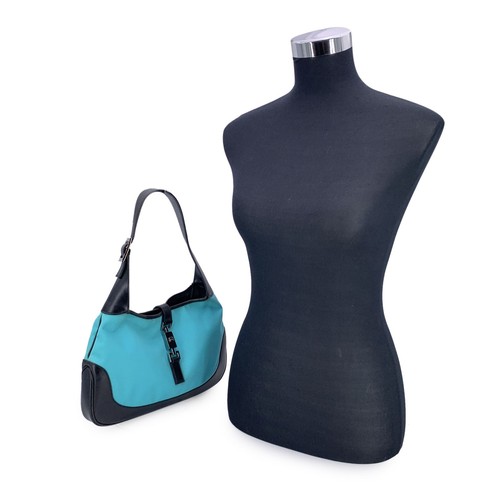 Gucci Jackie Hobo Handbag in Turquoise Canvas and Black Leather - Picture 2 of 6