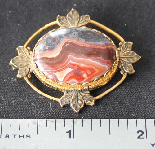 LOVELY Antique/Vintage Gold-Filled Ornate Montana Agate Pin NOS - Picture 2 of 3