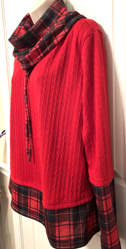 Women's Tunic Sweater Size L Red Plaid Cable Knit Waterfall Neck Pullover Top - Picture 3 of 7