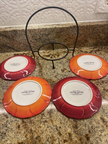 Set of 4 Laurie Gates Ceramic floral, Appetizer Plates, hand painted/Holder - Picture 5 of 5