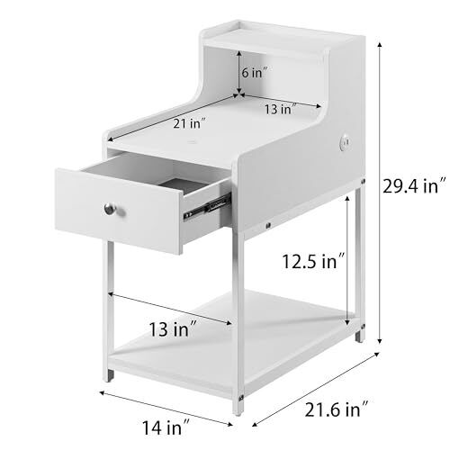 End Table with USB Charging Ports, Side Table with Storage Drawers, White - Picture 3 of 8