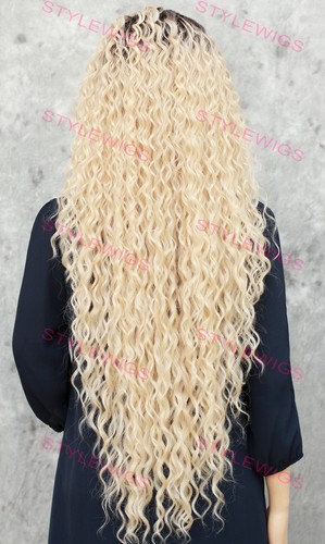 Rooted Light Blonde Extra Long Spiral Curls Lace Front Human Hair Blend Wig EVFM - Picture 4 of 9