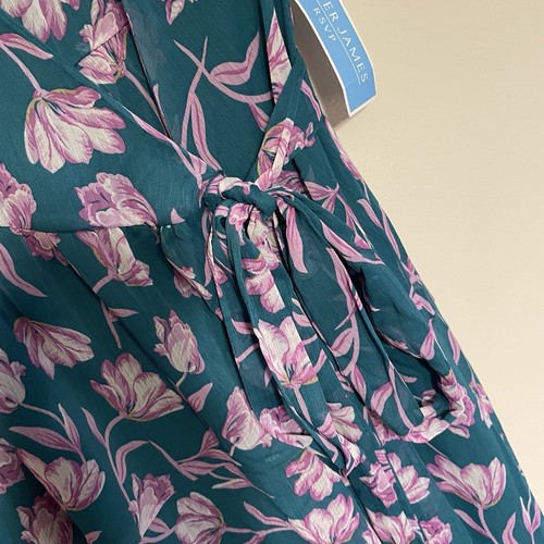 Draper James RSVP Women 2X Teal Floral Puff Sleeve Tie Waist Midi Wrap Dress NWT - Picture 4 of 13