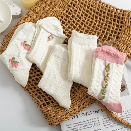 5 Pairs Women Girls Socks Floral Design Style Lace Cotton Lady Dress Crew Socks - Picture 7 of 8