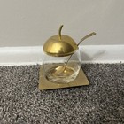 Vtg 24k Gold Plated Glass Sugar Bowl Spoon w/ Tray Apple Stem Lid Brass MCM