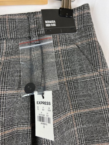 NEW Express Women's Gray Plaid High Rise Career Dressy Bermuda Shorts Size 8 - Picture 4 of 7