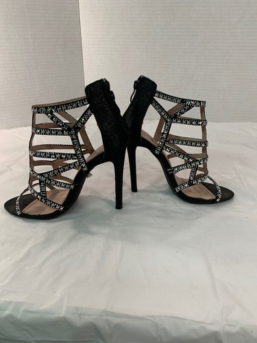 Top Moda Womens Size 6 Black Sparkly Rhinestone Stiletto Caged Cut Out Heels - Picture 4 of 5