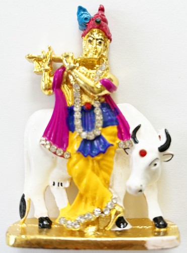 Lord Krishna With Cow Car Dashboard Idol Kanha ji Metal Home Decor Statue H-3" - Bild 1 von 2