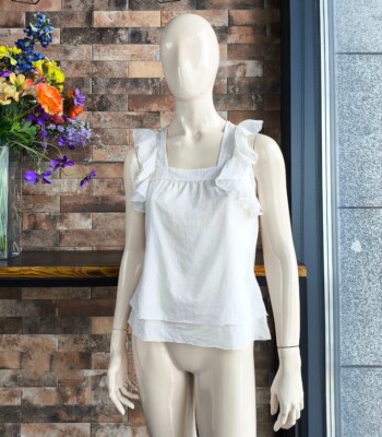 Prada Vintage Womens Muslin Ruffle Blouse in Double Layer Fabric 40IT