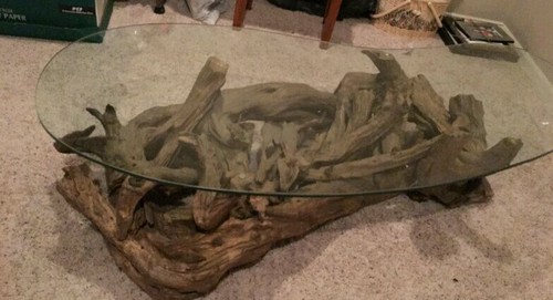 Art Driftwood Sofa Coffee Table - Hand Made glass kidney shaped designer rollers - Picture 2 of 12