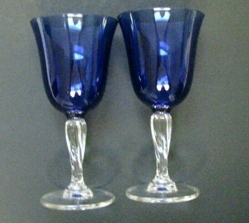 Set of 2 Cobalt Blue Glass Wine Glasses Clear Swirl Spiral Stems - Picture 4 of 7