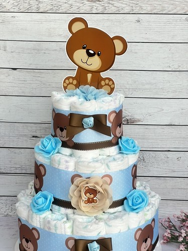 3 Tier Teddy Bear Diaper Cake Baby Shower Boy - Picture 2 of 4