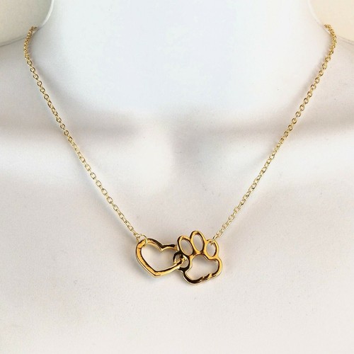 Heart & Paw Charm Necklace Gold Color Cute Pet Lover Pendant  - Picture 1 of 3