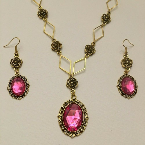 JUEGO DE COLLAR CHAPADO EN ORO ESTILO VICTORIANO - ROSA DIAMANTE - CRISTAL ROSA CALIENTE DR LG