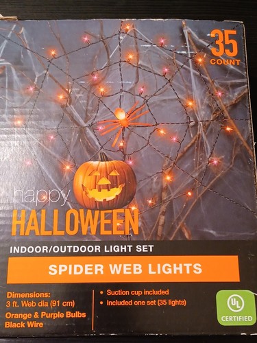 Halloween Spinnennetz Lichter 35 Lichter Neu im Karton 3 Fuß schwarz orange lila gruselig - Bild 7 von 7