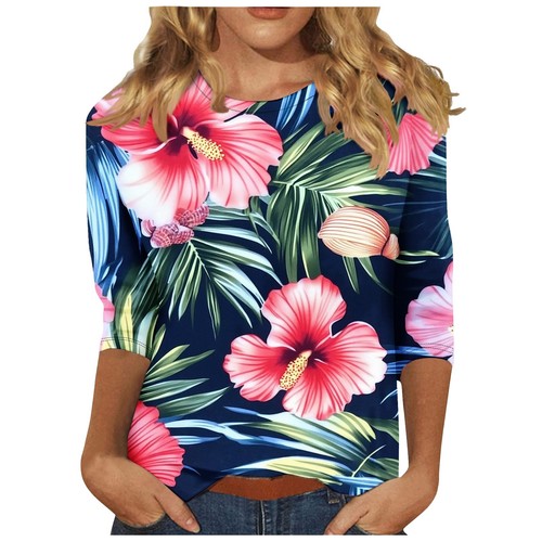 Women's Fashion Casual Three-quarter Sleeve Floral Print Neck Top - Picture 8 of 42