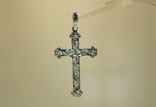 26MM SOLID 925 STER SILVER HAND-ENGRAVED HAWAIIAN ROYALTY SCROLLS CROSS PENDANT