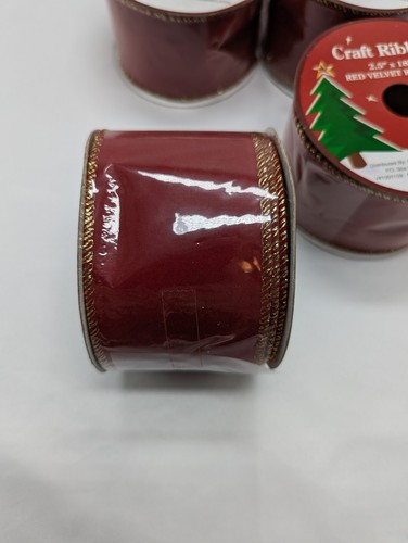 Qty (6) Red Velvet With Gold Edge Craft Wire Ribbon 2.5 Inches by 18 Feet - Picture 3 of 3