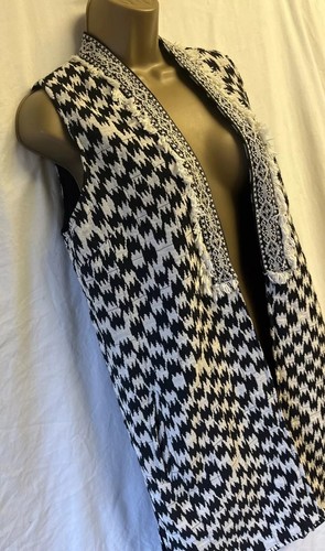 Black White Aztec Fringed 8 Midi Tunic Waistcoat Gilet Sleeveless Lined Open Top - Picture 17 of 19