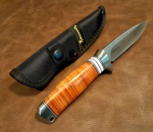 Browning Stacked Leather Fixed Blade Hunting Camping Fixed Blade Knife w/Sheath - Picture 1 of 6