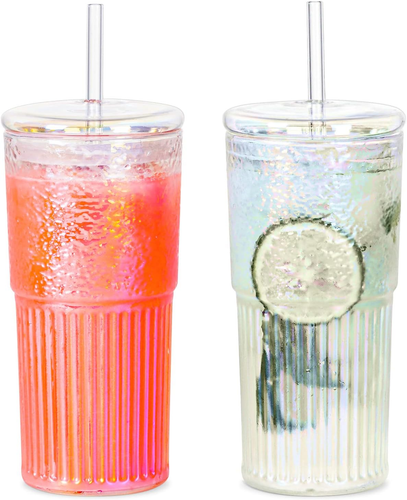 Colorful High Borosilicate Glass Cups with Lids and Glass Straws,20 OZ Rainbow I - Picture 11 of 12