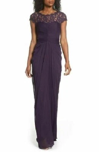 ADRIANNA PAPELL Purple Eggplant Plum Sheer Lace Yoke Drape Gathered Maxi Gown 8 - Image 3 of 4