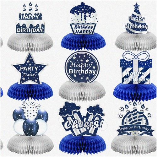 Happy Birthday Honeycomb Centerpieces - 9 Piece Blue Silver Table Decorations fo - Bild 1 von 7
