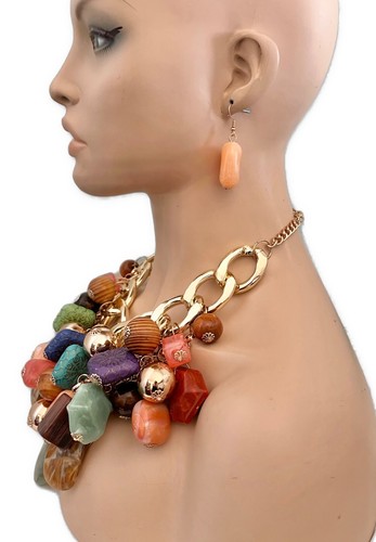 Heavy Cleopatra Multistrand Layered Chunky Multicolor Statement Necklace Set - Picture 3 of 4