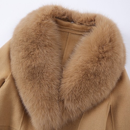 Women Long Wool Coat Detachable Real Fur Collar Cuffs Belt Coat Luxury Overcoat - Bild 58 von 61