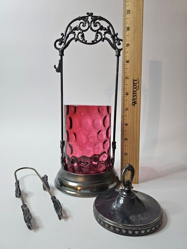 Victorian Pickle Caster Thumbprint Cranberry Insert Brittania Holder & Tongs - Picture 5 of 5