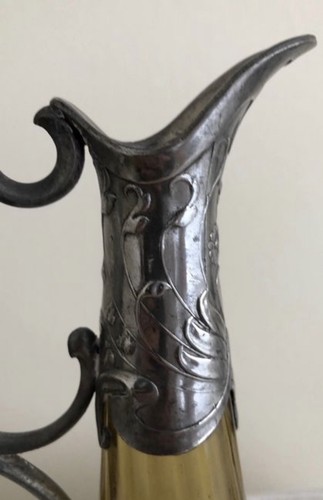 ORFEVRERIE - Stunnting Art Nouveau amber color glass jar with beautiful pewter - Picture 4 of 10
