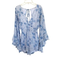 Altar'd State Blue Paisley Romper Bell Sleeve Boho Womens Size Small