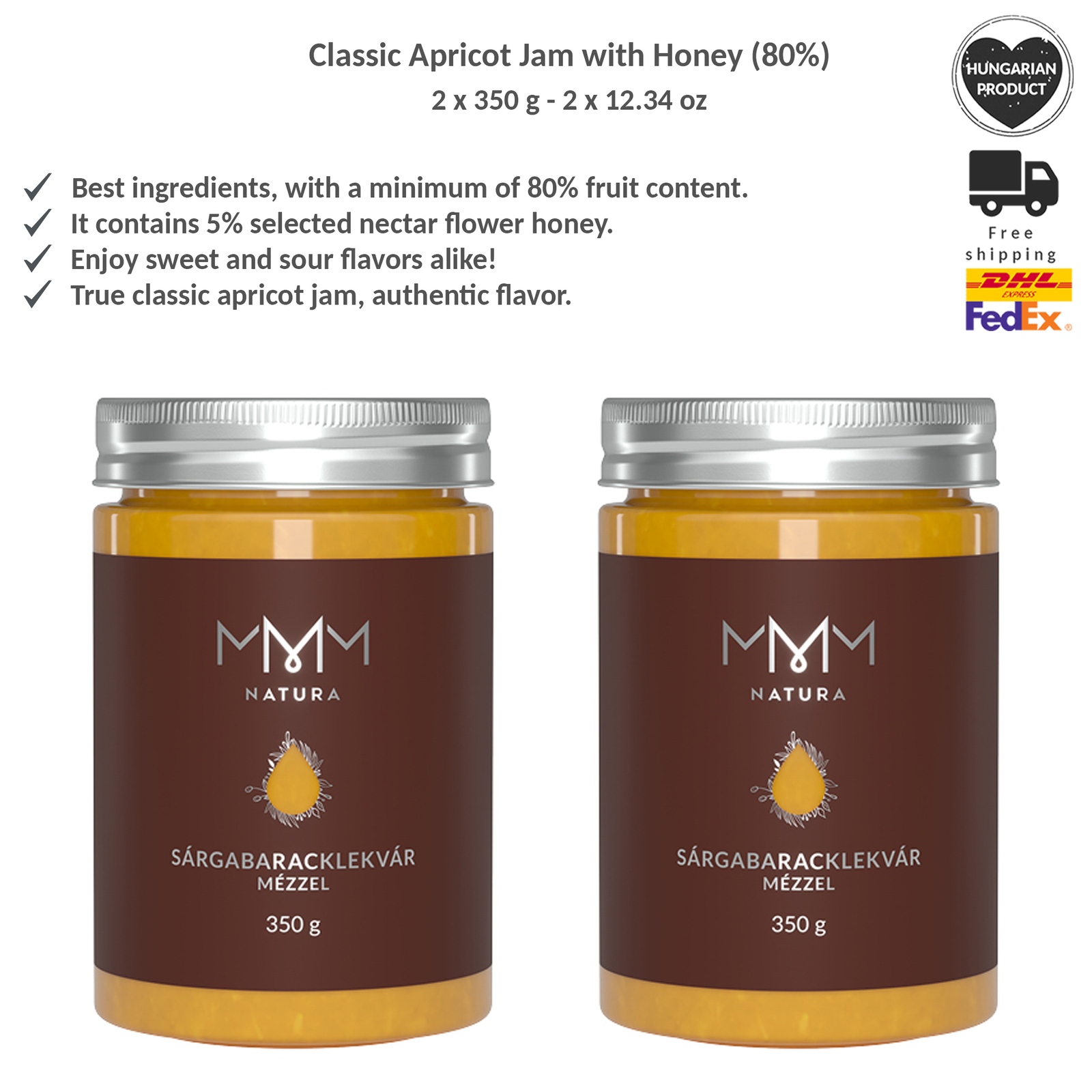 Mermelada de albaricoque clásica premium orgánica con miel de flores, MMM 350gx2