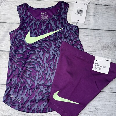 Nike Girls Purple Tank Bike Shorts Outfit Set Dri Fit NEW