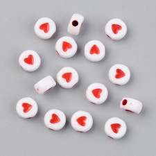 50 Bulk Heart Beads Red White Flat Coin Acrylic Wholesale Bulk Jewelry 7mm