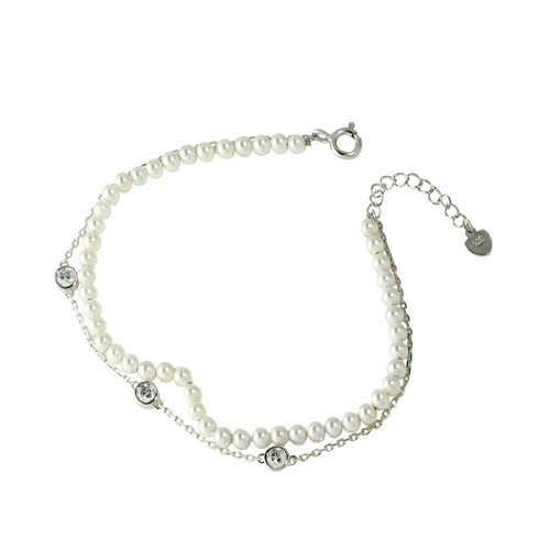 Sterling Silver Chain & Pearl Strand Bracelet with 3 mm Round CZ Stones - Picture 2 of 7