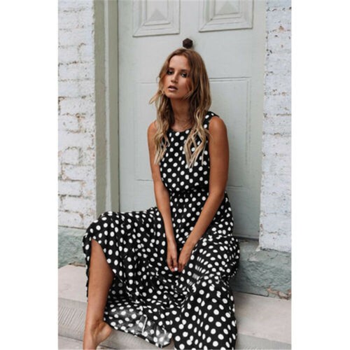 Womens Polka Dot Beach Holiday Ladies Long Dresses Summer Polka Dot Sundress - Picture 6 of 17