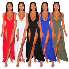 New Women Sexy Deep V-neck High Split Long Dress Evening Party Nightclub Dresses