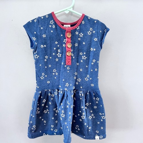 Lulu + Roo Girls Blue Star Print Dress 4T With Pink Trim & Button Detail - Picture 5 of 8