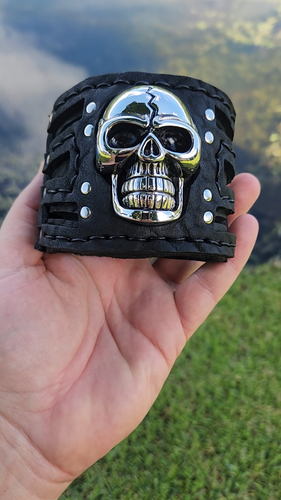 Large skull men bracelet genuine Buffalo Bison leather cuff motorcycle biker - Video 1 of 1
