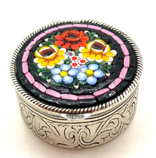 Seltene Blumen Mosaik Pillendose echt Silber Dose floral Spanien