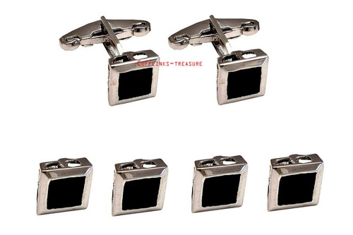 Natural Faceted Black Onyx Stone 925 Sterling Silver Tuxedo Buttons Cufflinks - Picture 2 of 3