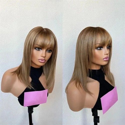 Human Hair Wigs with Bangs Glueless 180% Density Ombre Ash Blonde Straight Wigs - Picture 5 of 11