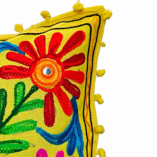 Indian Suzani Pom Pom Cushion Covers Floral Embroidered Boho Case UK 40 x 40 cms - Picture 5 of 20
