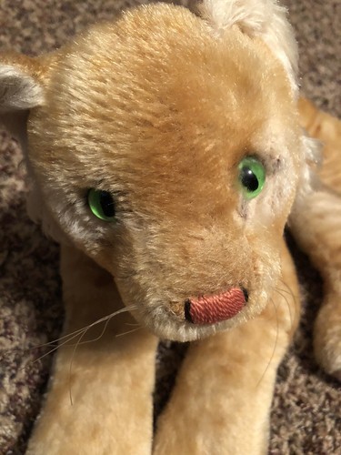 STEIFF 1950s 14" Young Lion Cub Lying Glass Green Eyes NO BUTTON W TAG - Picture 2 of 5