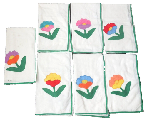 7 Vintage Handmade Kitchen Towels Flour Feed Sack Muslin Applique Tulips 34x38" - Picture 1 of 19